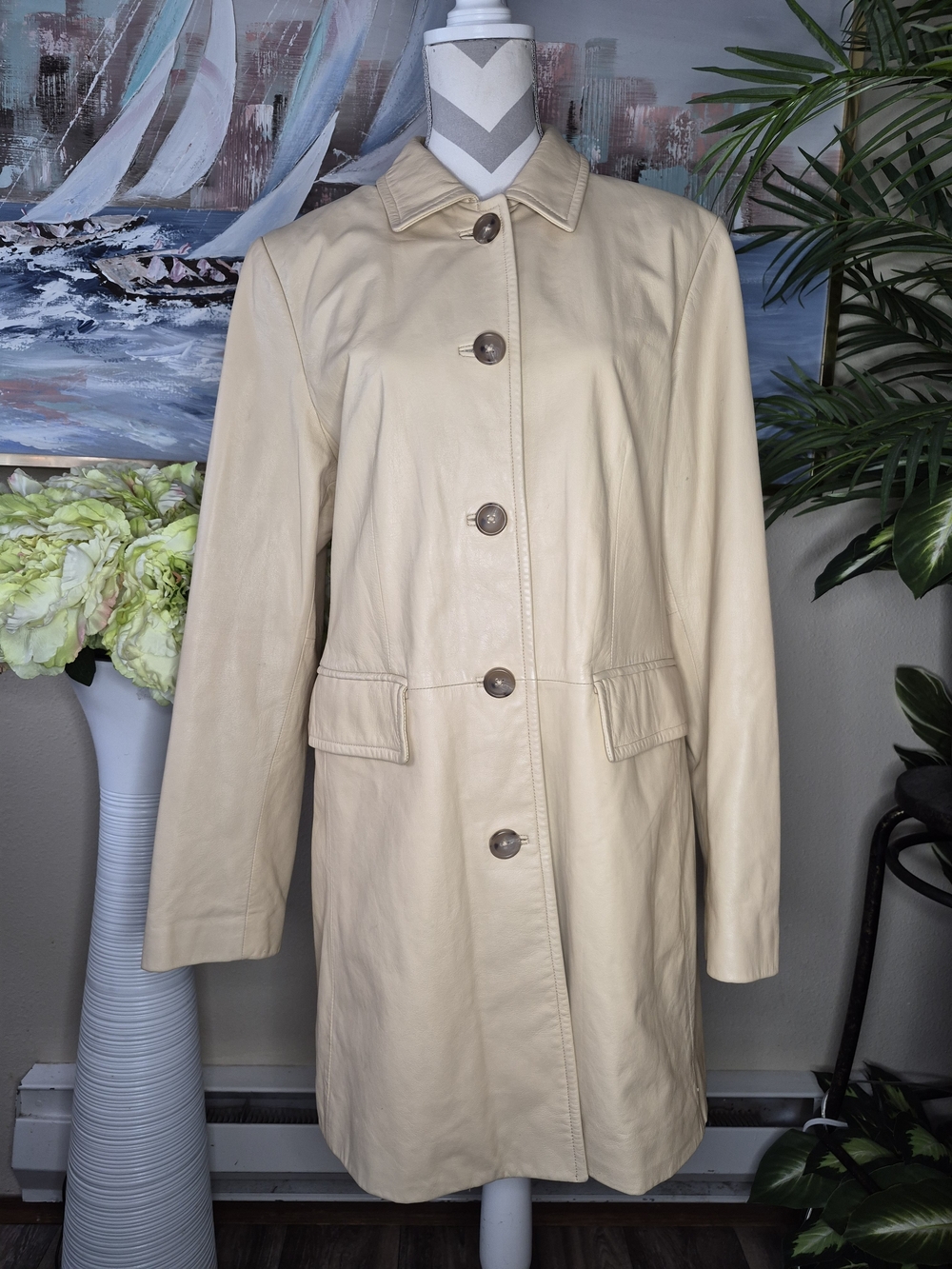 Banana Republic Cream Leather Button-Front Trench Coat